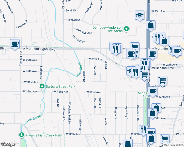 map of restaurants, bars, coffee shops, grocery stores, and more near 3101 Willow Street in Anchorage