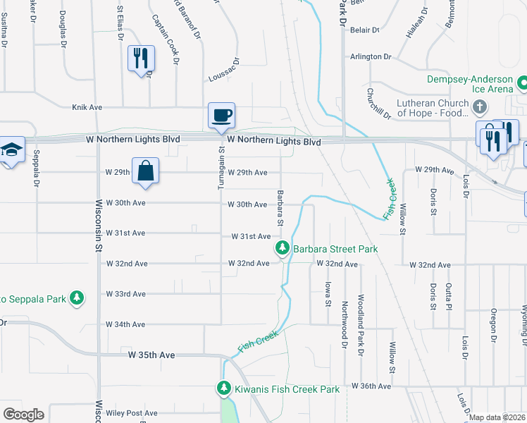 map of restaurants, bars, coffee shops, grocery stores, and more near 2605 West 31st Avenue in Anchorage