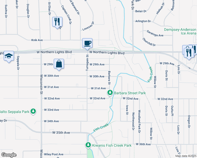 map of restaurants, bars, coffee shops, grocery stores, and more near 2703 West 31st Avenue in Anchorage