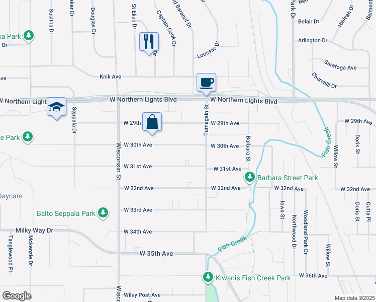 map of restaurants, bars, coffee shops, grocery stores, and more near 2808 West 31st Avenue in Anchorage
