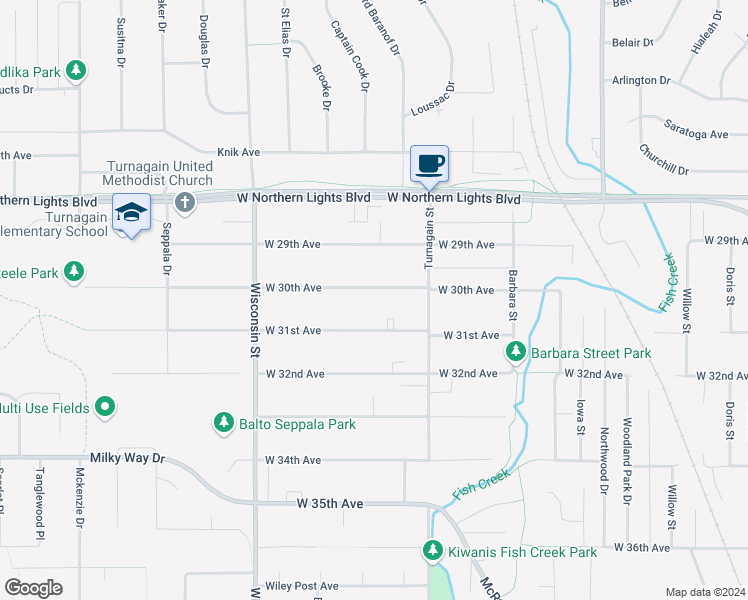 map of restaurants, bars, coffee shops, grocery stores, and more near 2808 West 31st Avenue in Anchorage