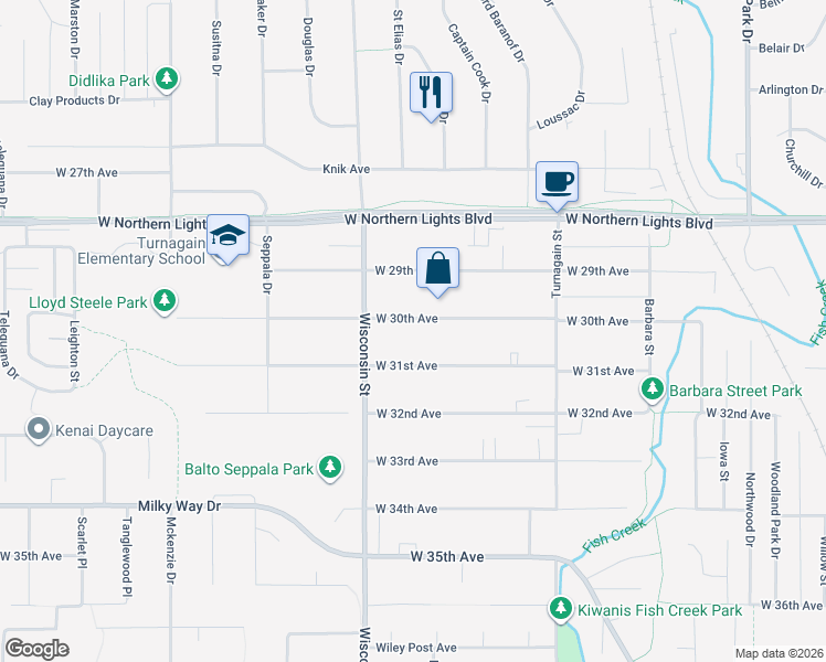 map of restaurants, bars, coffee shops, grocery stores, and more near 3010 West 30th Avenue in Anchorage