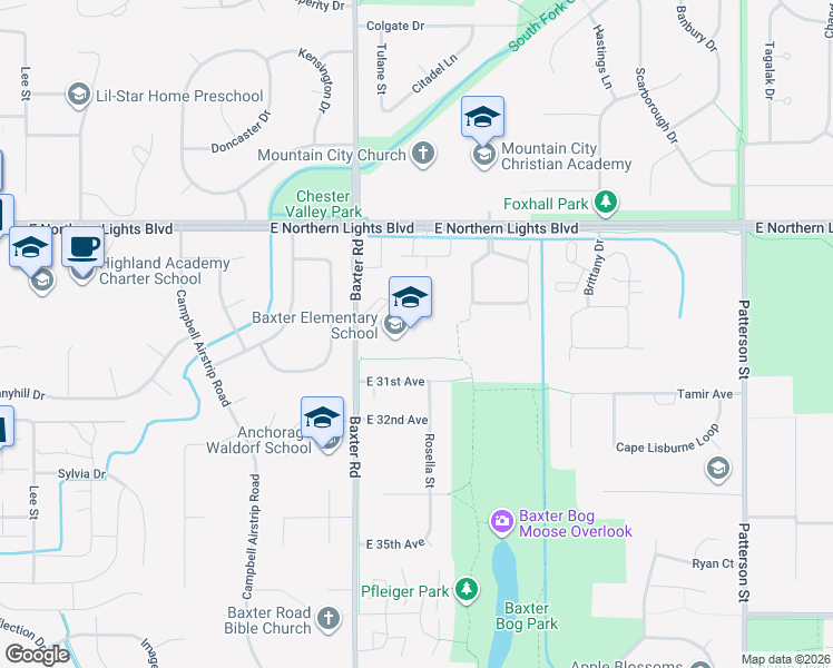 map of restaurants, bars, coffee shops, grocery stores, and more near 2991 Baxter Road in Anchorage