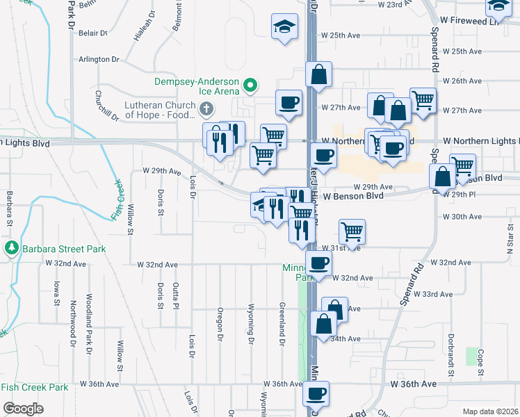 map of restaurants, bars, coffee shops, grocery stores, and more near 2960 Minnesota Drive in Anchorage