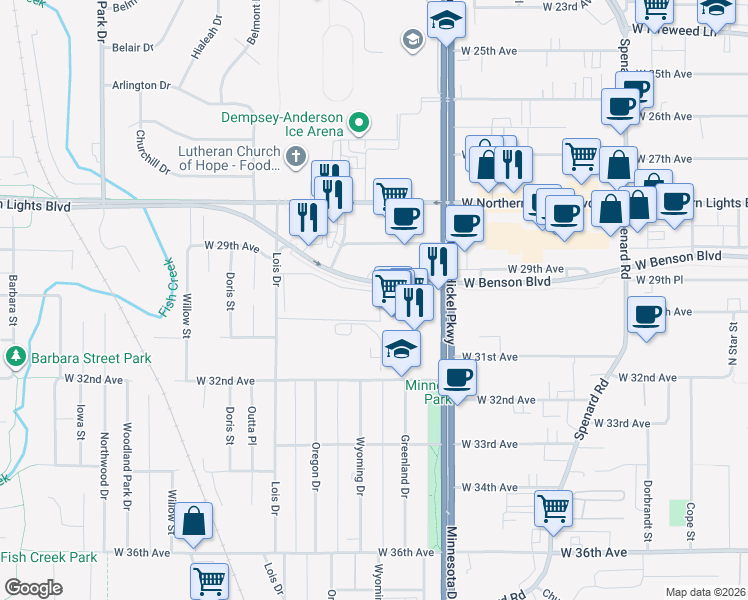 map of restaurants, bars, coffee shops, grocery stores, and more near 2960 Minnesota Drive in Anchorage