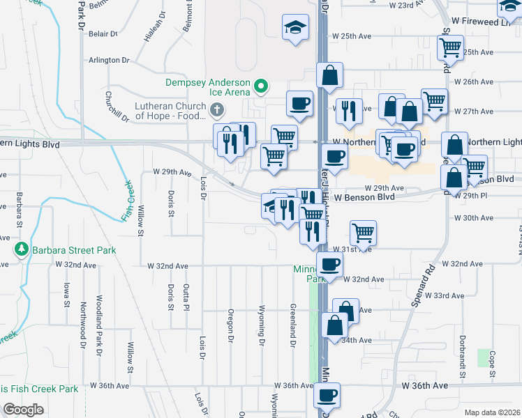 map of restaurants, bars, coffee shops, grocery stores, and more near 1650 West Northern Lights Boulevard in Anchorage