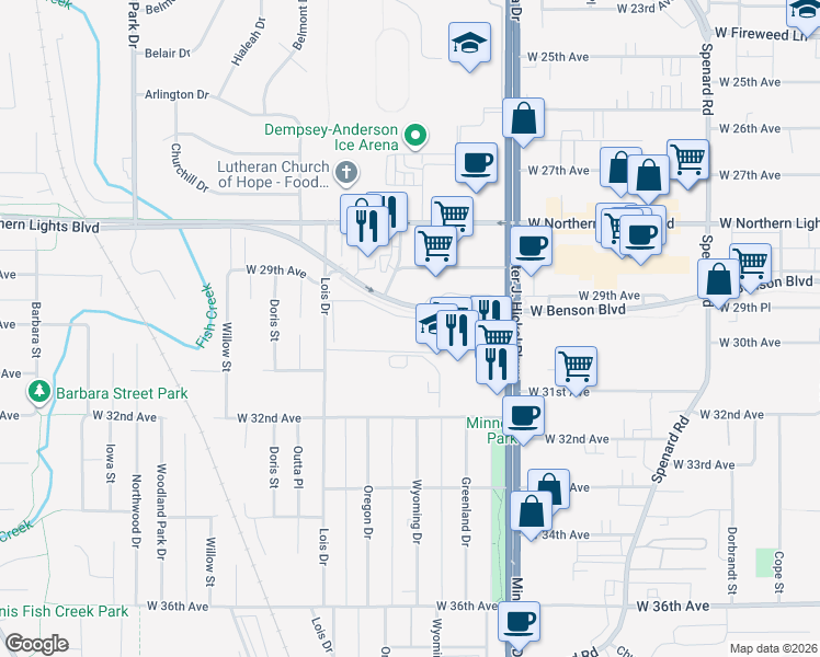 map of restaurants, bars, coffee shops, grocery stores, and more near 3061 Lois Drive in Anchorage