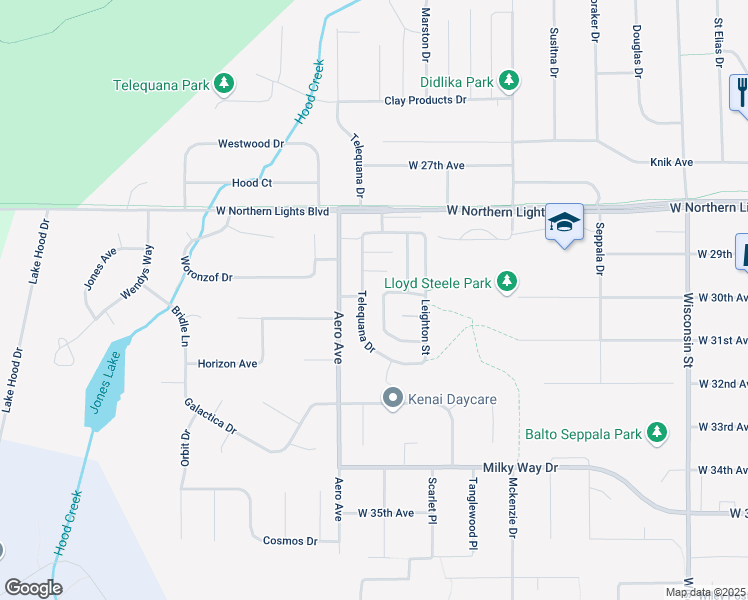 map of restaurants, bars, coffee shops, grocery stores, and more near 2913 Telequana Drive in Anchorage