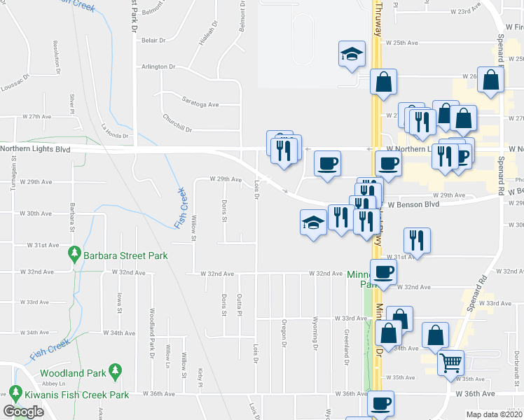 map of restaurants, bars, coffee shops, grocery stores, and more near 2956 Lois Drive in Anchorage