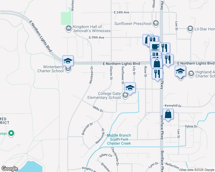 map of restaurants, bars, coffee shops, grocery stores, and more near 2954 Glacier Street in Anchorage