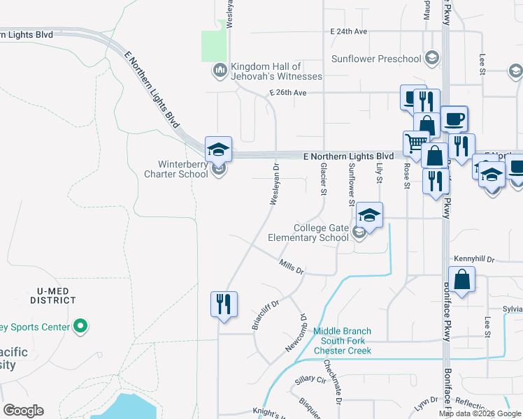 map of restaurants, bars, coffee shops, grocery stores, and more near 4838 Bryn Mawr Court in Anchorage