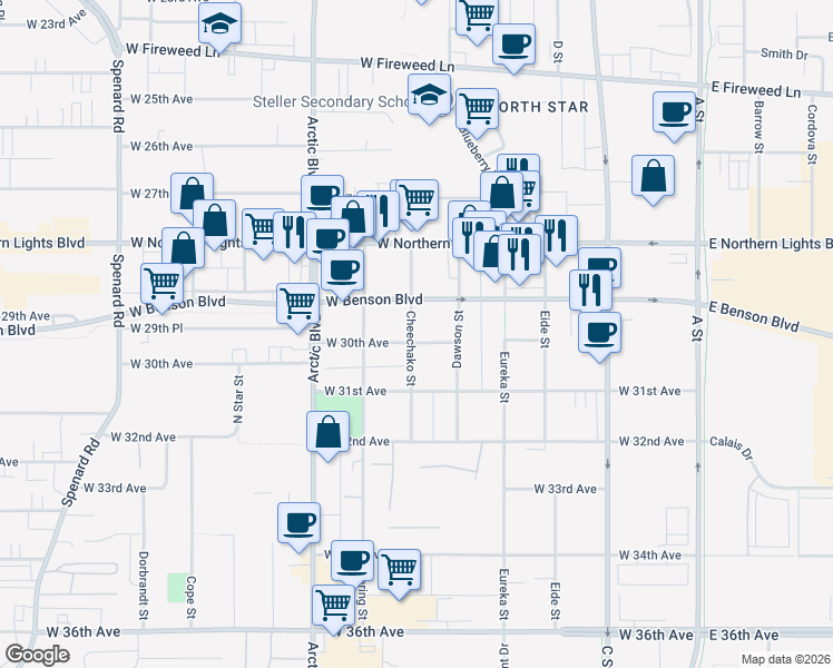 map of restaurants, bars, coffee shops, grocery stores, and more near 2930 Cheechako Street in Anchorage