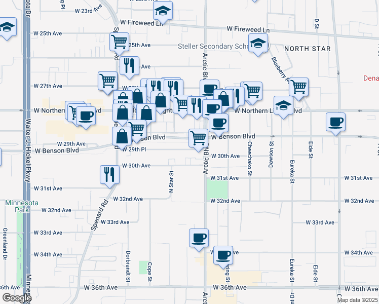 map of restaurants, bars, coffee shops, grocery stores, and more near 809 West 29th Place in Anchorage