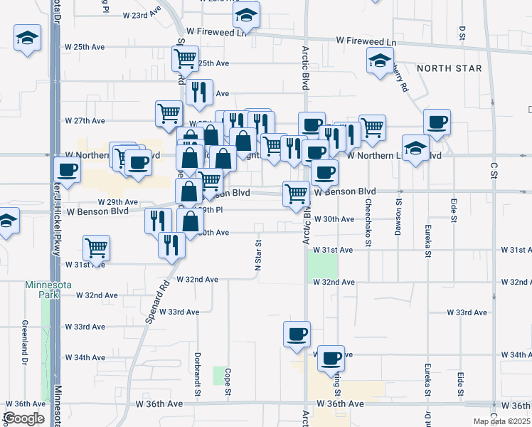 map of restaurants, bars, coffee shops, grocery stores, and more near 909 West 29th Place in Anchorage
