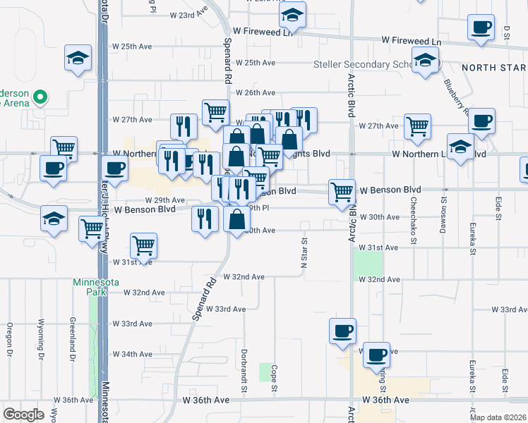 map of restaurants, bars, coffee shops, grocery stores, and more near 1100 West Benson Boulevard in Anchorage