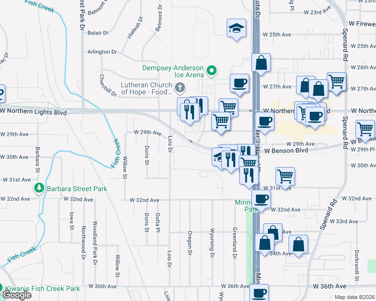 map of restaurants, bars, coffee shops, grocery stores, and more near 3021 Lois Drive in Anchorage
