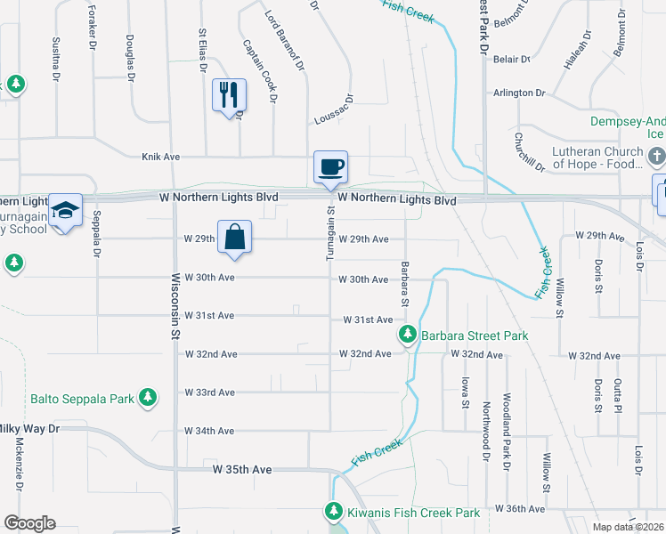 map of restaurants, bars, coffee shops, grocery stores, and more near 2800 West 29th Avenue in Anchorage