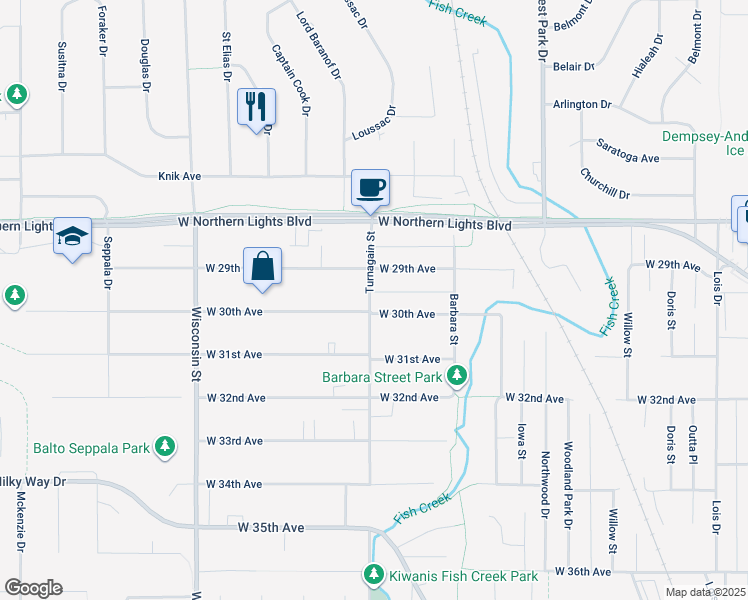 map of restaurants, bars, coffee shops, grocery stores, and more near 2800 West 29th Avenue in Anchorage