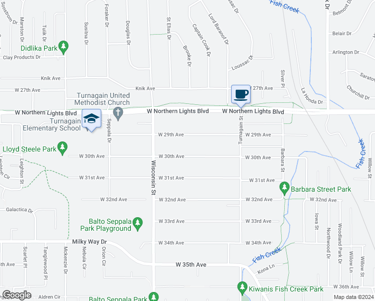 map of restaurants, bars, coffee shops, grocery stores, and more near 3006 West 29th Avenue in Anchorage