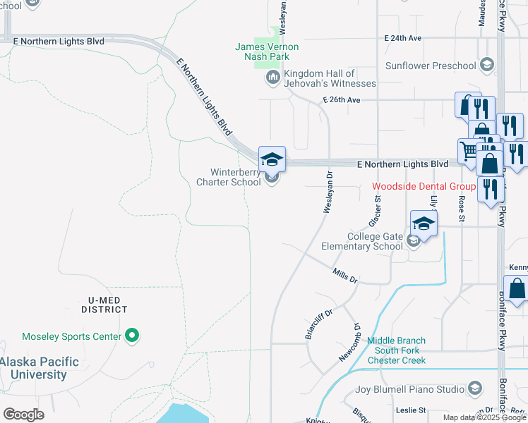 map of restaurants, bars, coffee shops, grocery stores, and more near 4705 Mills Drive in Anchorage
