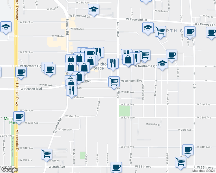 map of restaurants, bars, coffee shops, grocery stores, and more near 809 West 29th Place in Anchorage