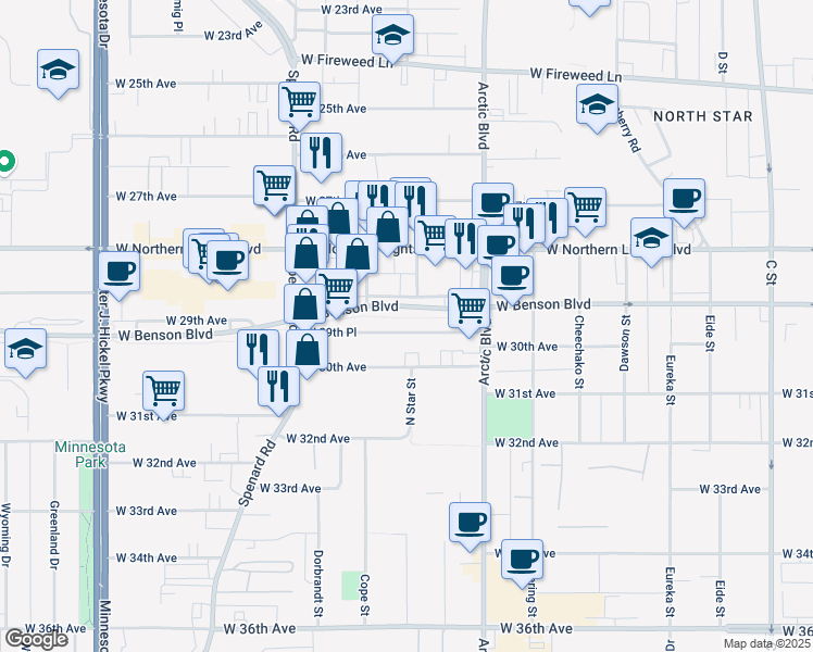 map of restaurants, bars, coffee shops, grocery stores, and more near 909 W 29th Pl in Anchorage