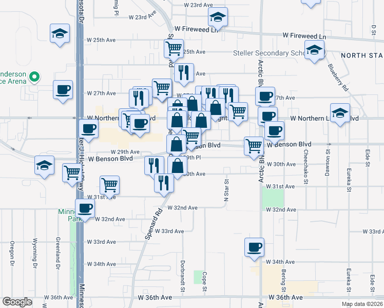 map of restaurants, bars, coffee shops, grocery stores, and more near 1100 West Benson Boulevard in Anchorage