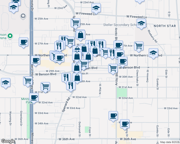 map of restaurants, bars, coffee shops, grocery stores, and more near 165 West 29th Place in Anchorage