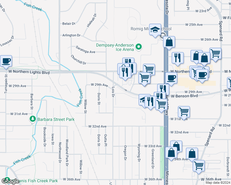 map of restaurants, bars, coffee shops, grocery stores, and more near 2956 Lois Drive in Anchorage