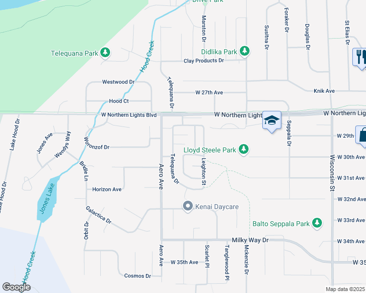 map of restaurants, bars, coffee shops, grocery stores, and more near 2913 Telequana Drive in Anchorage