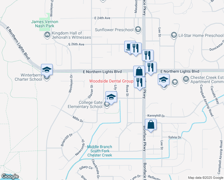 map of restaurants, bars, coffee shops, grocery stores, and more near 2928 Lily St in Anchorage