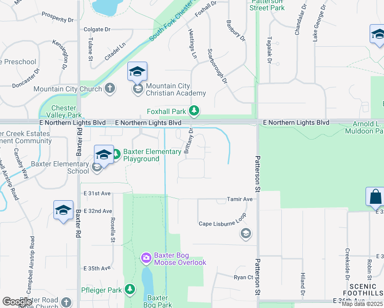map of restaurants, bars, coffee shops, grocery stores, and more near 3076 Brittany Place in Anchorage