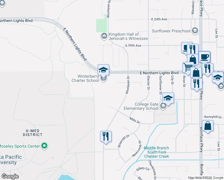 map of restaurants, bars, coffee shops, grocery stores, and more near 4703 Mills Drive in Anchorage