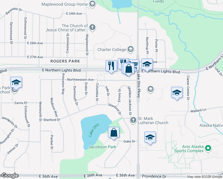 map of restaurants, bars, coffee shops, grocery stores, and more near 2939 Yale Drive in Anchorage