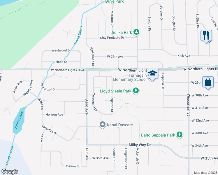 map of restaurants, bars, coffee shops, grocery stores, and more near 2904 Leighton Street in Anchorage