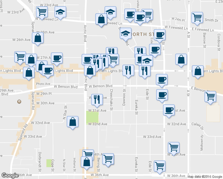 map of restaurants, bars, coffee shops, grocery stores, and more near 2930 Cheechako Street in Anchorage