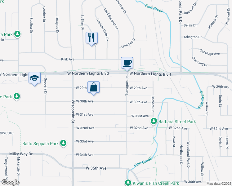 map of restaurants, bars, coffee shops, grocery stores, and more near 2808 West 29th Avenue in Anchorage