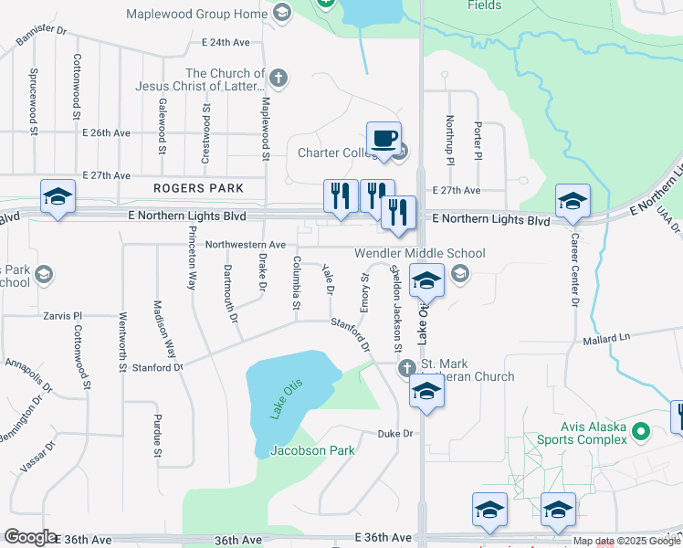 map of restaurants, bars, coffee shops, grocery stores, and more near 2939 Yale Drive in Anchorage