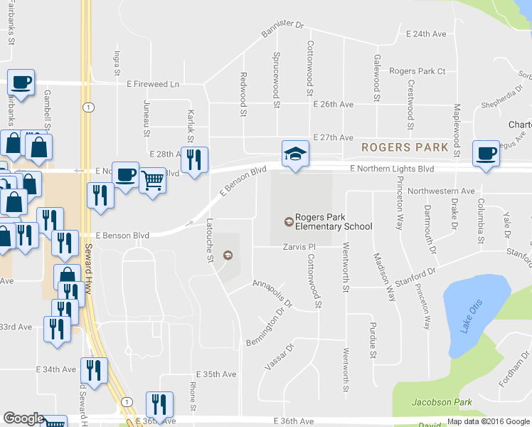 map of restaurants, bars, coffee shops, grocery stores, and more near 2863 Redwood Place in Anchorage