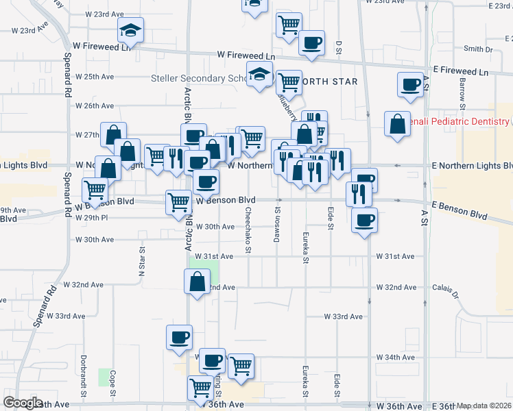 map of restaurants, bars, coffee shops, grocery stores, and more near 2930 Cheechako Street in Anchorage