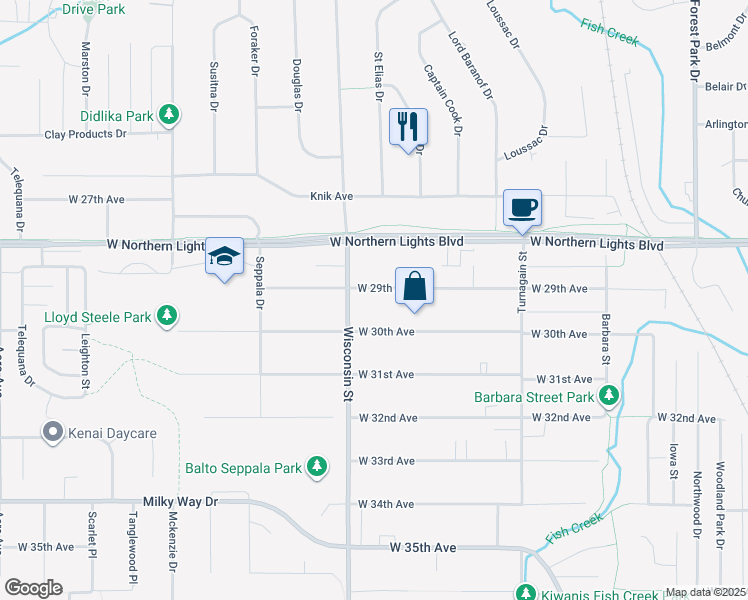 map of restaurants, bars, coffee shops, grocery stores, and more near 3106 West 29th Avenue in Anchorage