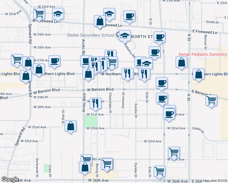 map of restaurants, bars, coffee shops, grocery stores, and more near 2930 Cheechako Street in Anchorage