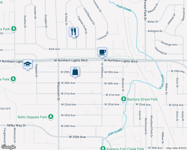 map of restaurants, bars, coffee shops, grocery stores, and more near 2808 West 29th Avenue in Anchorage
