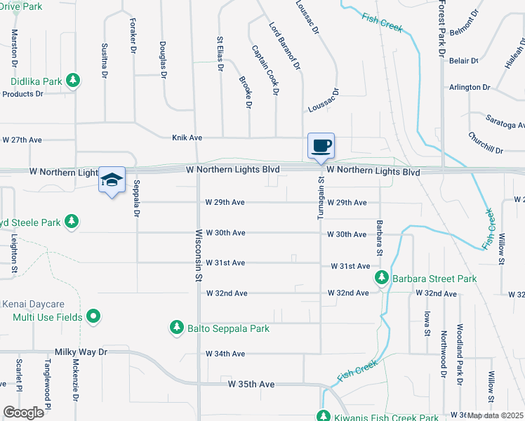 map of restaurants, bars, coffee shops, grocery stores, and more near 2904 West 29th Avenue in Anchorage