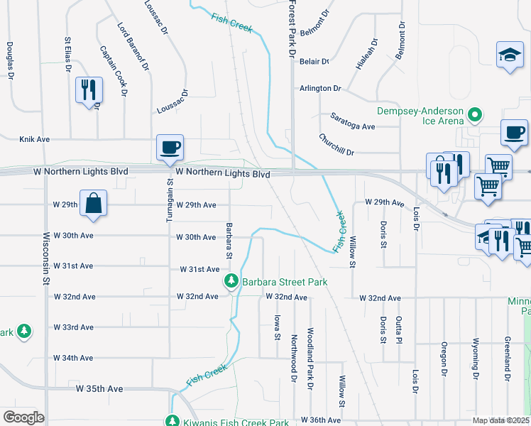 map of restaurants, bars, coffee shops, grocery stores, and more near 2410 West 29th Avenue in Anchorage