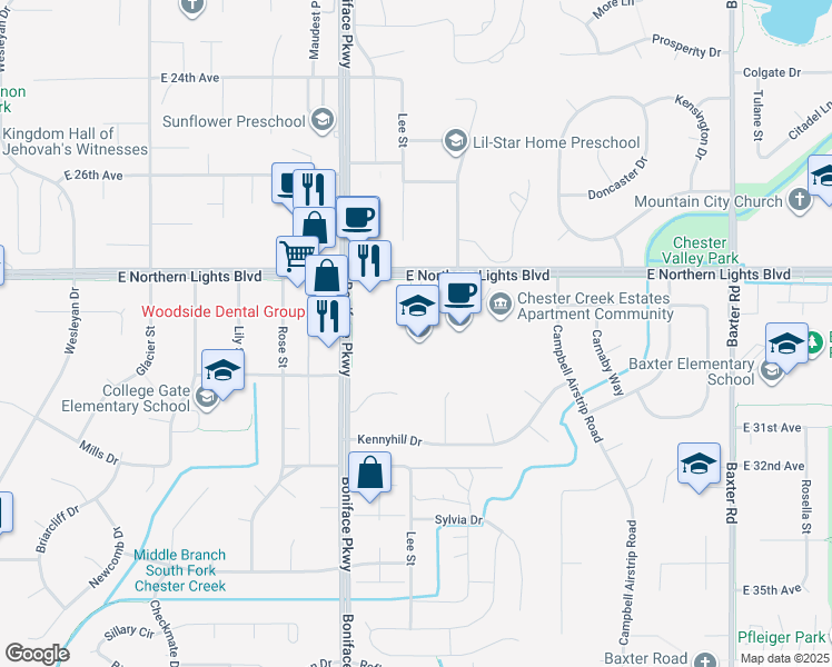 map of restaurants, bars, coffee shops, grocery stores, and more near 5530 East Northern Lights Boulevard in Anchorage