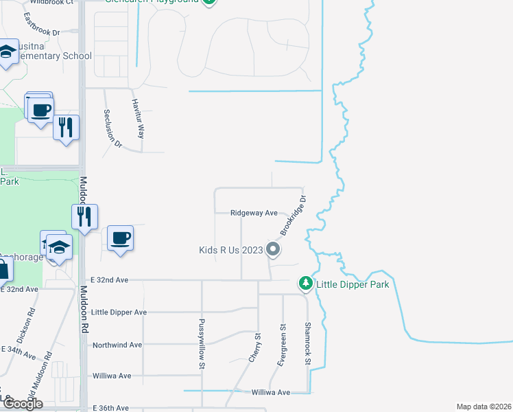 map of restaurants, bars, coffee shops, grocery stores, and more near 8501 Ridgeway Avenue in Anchorage
