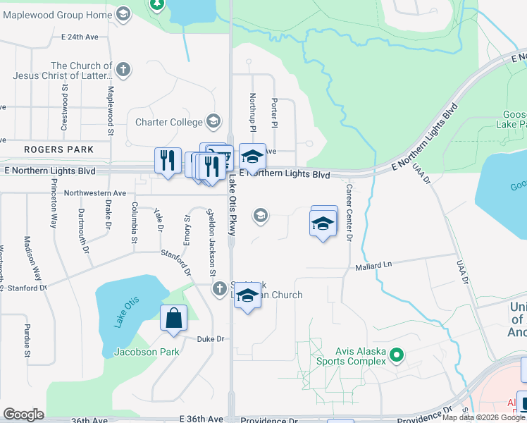 map of restaurants, bars, coffee shops, grocery stores, and more near 2905 Lake Otis Parkway in Anchorage