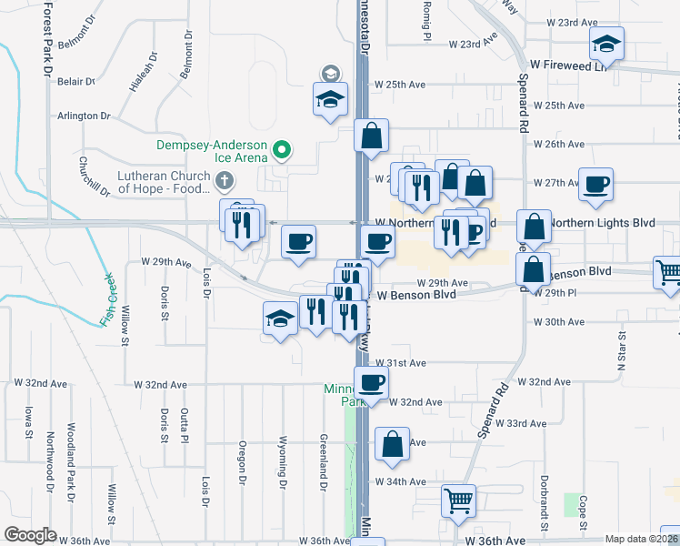 map of restaurants, bars, coffee shops, grocery stores, and more near 2960 Minnesota Drive in Anchorage