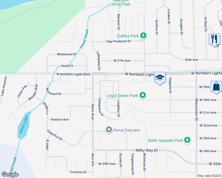 map of restaurants, bars, coffee shops, grocery stores, and more near 3901 Malaspina Circle in Anchorage